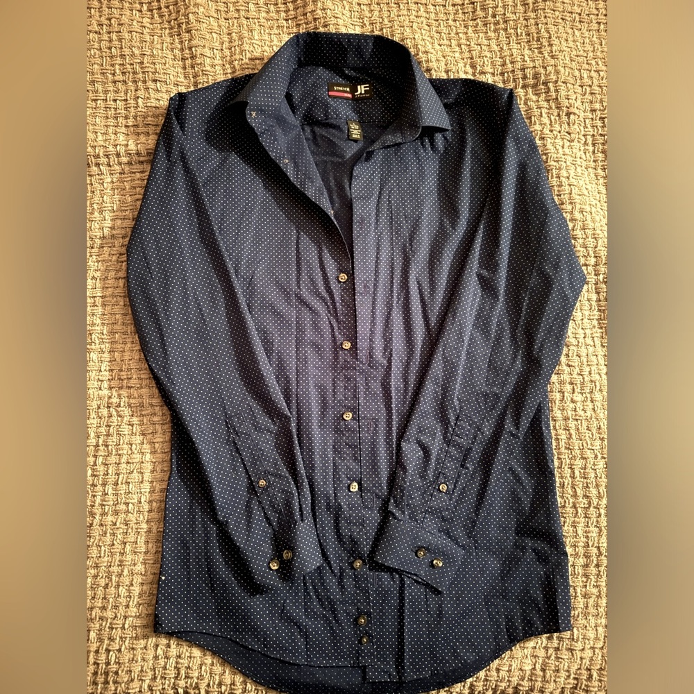 Men’s Slim Fit button up shirt (navy with white polka dots)